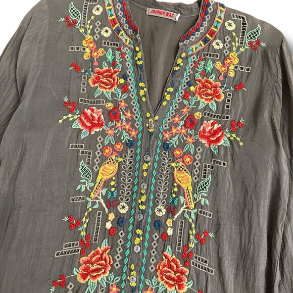 Johnny Was Women’s Tunic Top Small Slate Gray Embroidered Floral Boho Blouse - Picture 7 of 8